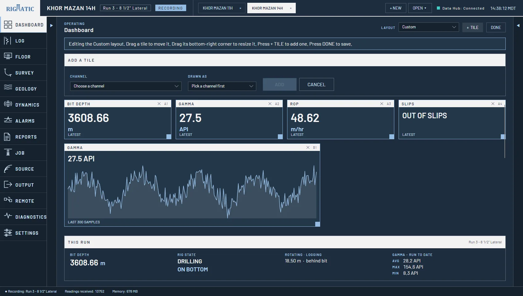 Dashboard while editing a custom layout: an Add a tile panel for choosing a channel and how it is drawn, and tiles for bit depth, gamma, ROP and slips with remove buttons and resize handles.
